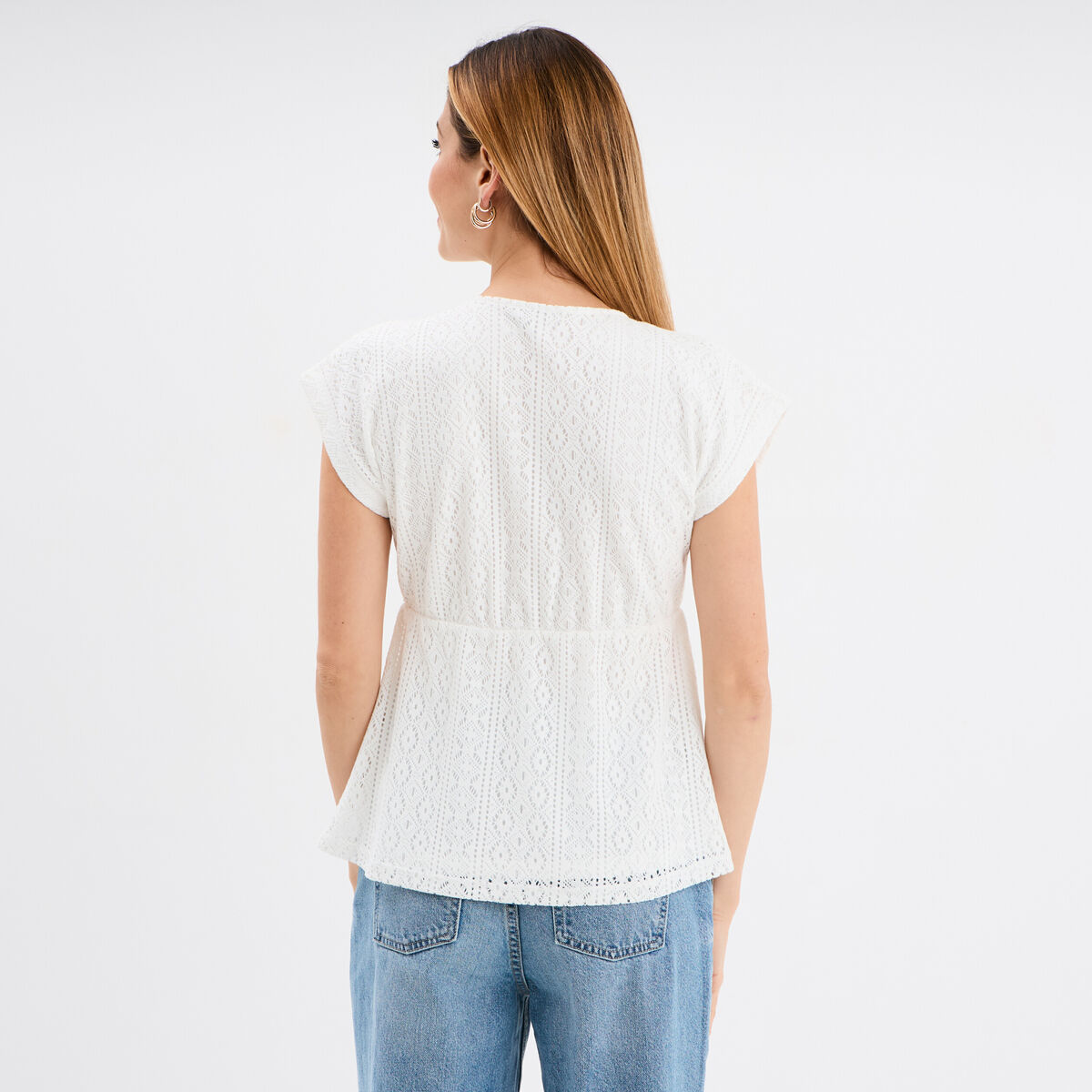 T-shirt dentelle col en V noeud blanc femme