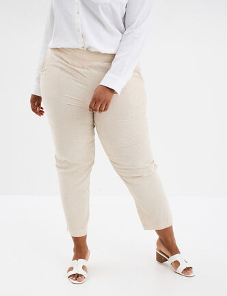 Pantalon chino droit en lin mélangé beige femme grande taille