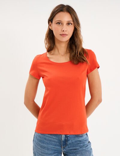 T-shirt coton col rond manches courtes orange femme