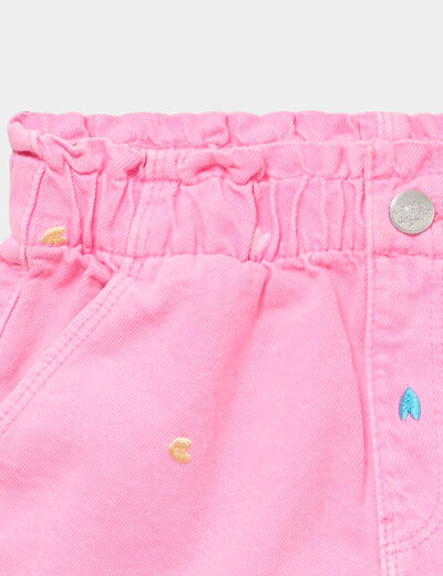 Short brod&eacute; droit &eacute;lastiqu&eacute; coton rose fluo fille