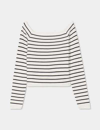 Pull côtelé col carré tricotage en côte blanc femme