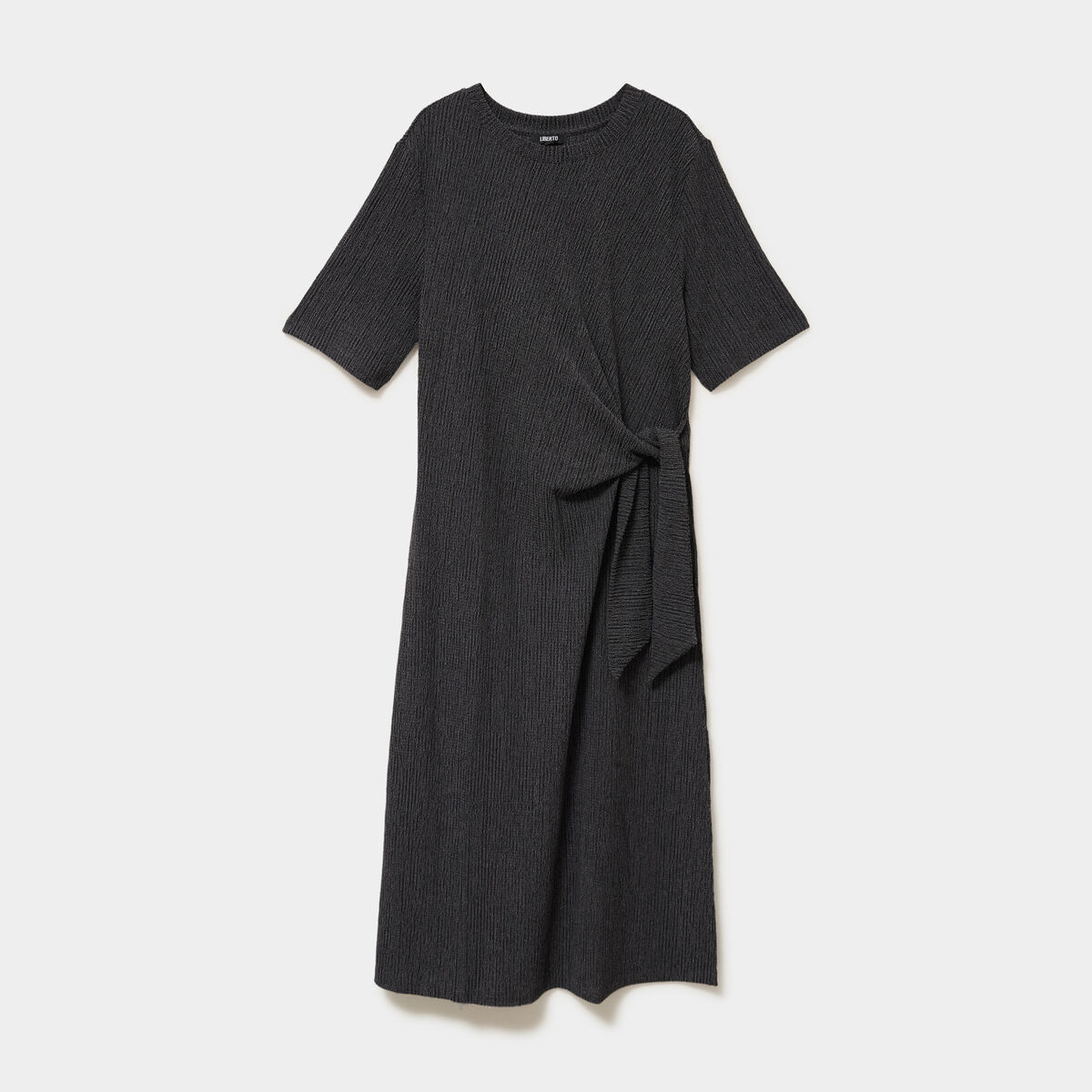 Robe longue gaufr&eacute;e noeud c&ocirc;t&eacute; gris fonc&eacute; femme
