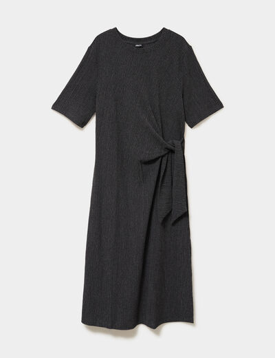 Robe longue gaufr&eacute;e noeud c&ocirc;t&eacute; gris fonc&eacute; femme