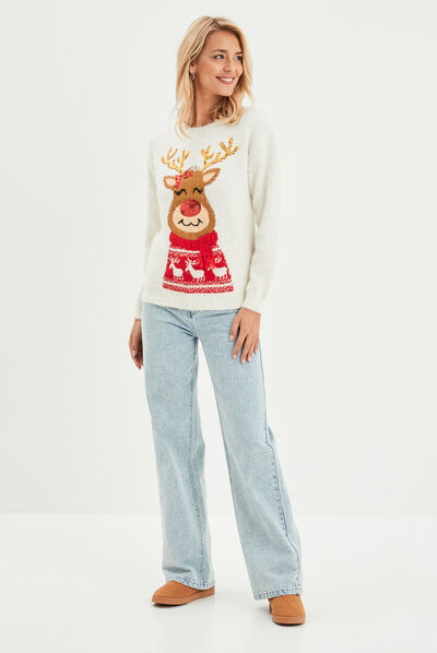 Pull de Noël avec sequins et franges ivoire femme