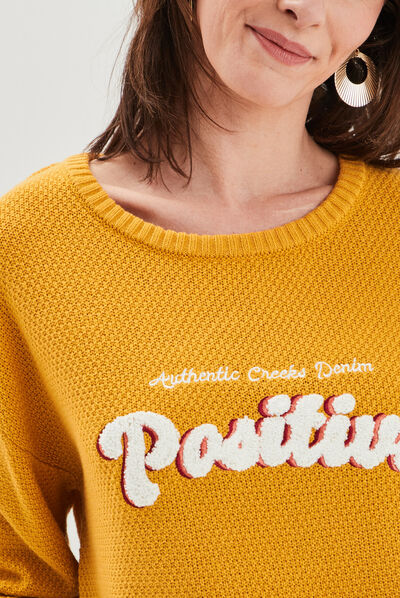 Pull col rond jaune moutarde femme