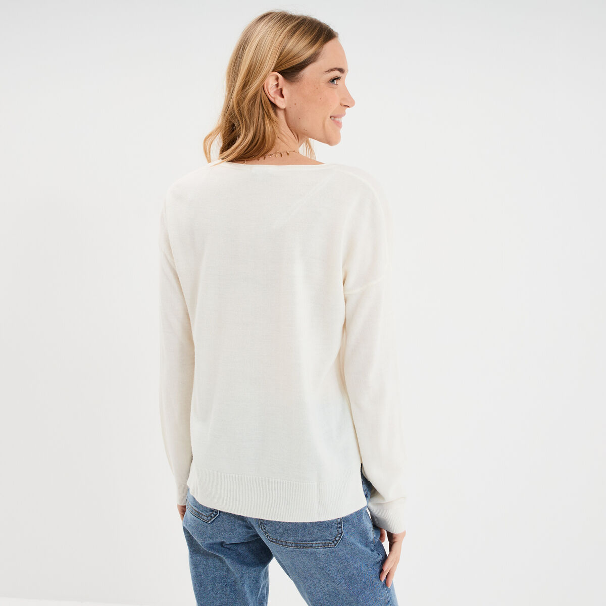 Pull col en V manches longues blanc femme