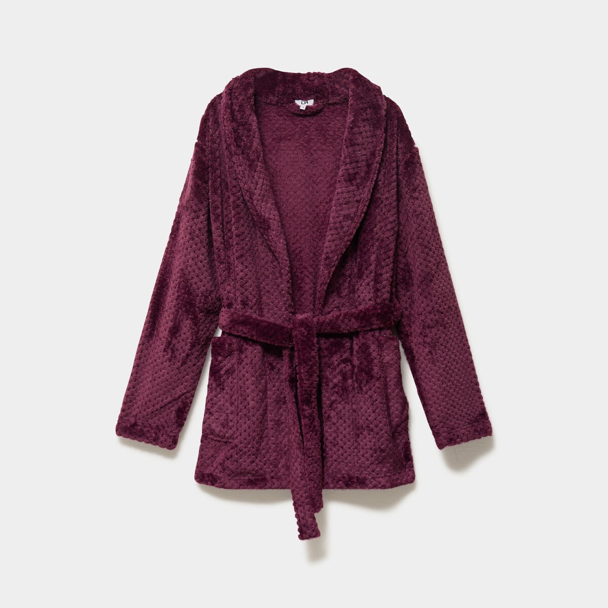 Peignoir mi-long effet polaire ceintur&eacute; prune femme