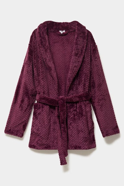 Peignoir mi-long effet polaire ceintur&eacute; prune femme