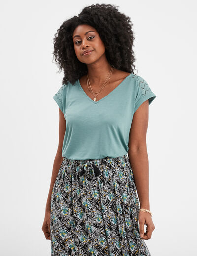 T-shirt col en V ajour&eacute; &eacute;paules et dos bleu gris femme