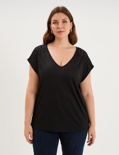 T-shirt droit avec dos dentelle oversize noir femme grande taille