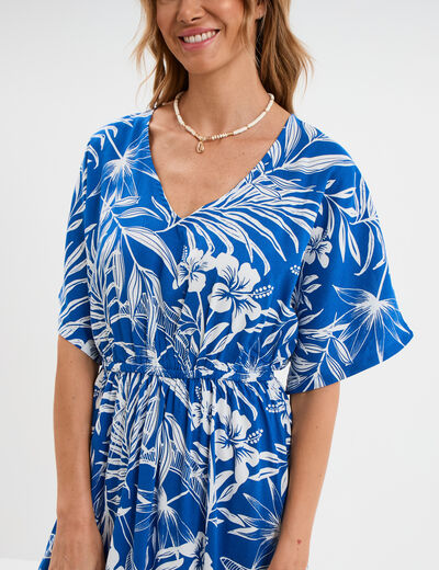 Robe longue col en V manches courtes bleu electrique femme