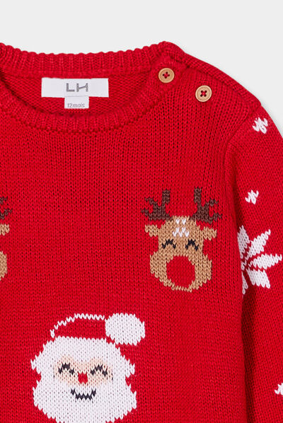 Pull de Noël épaule boutonnée col rond rouge bébé garçon
