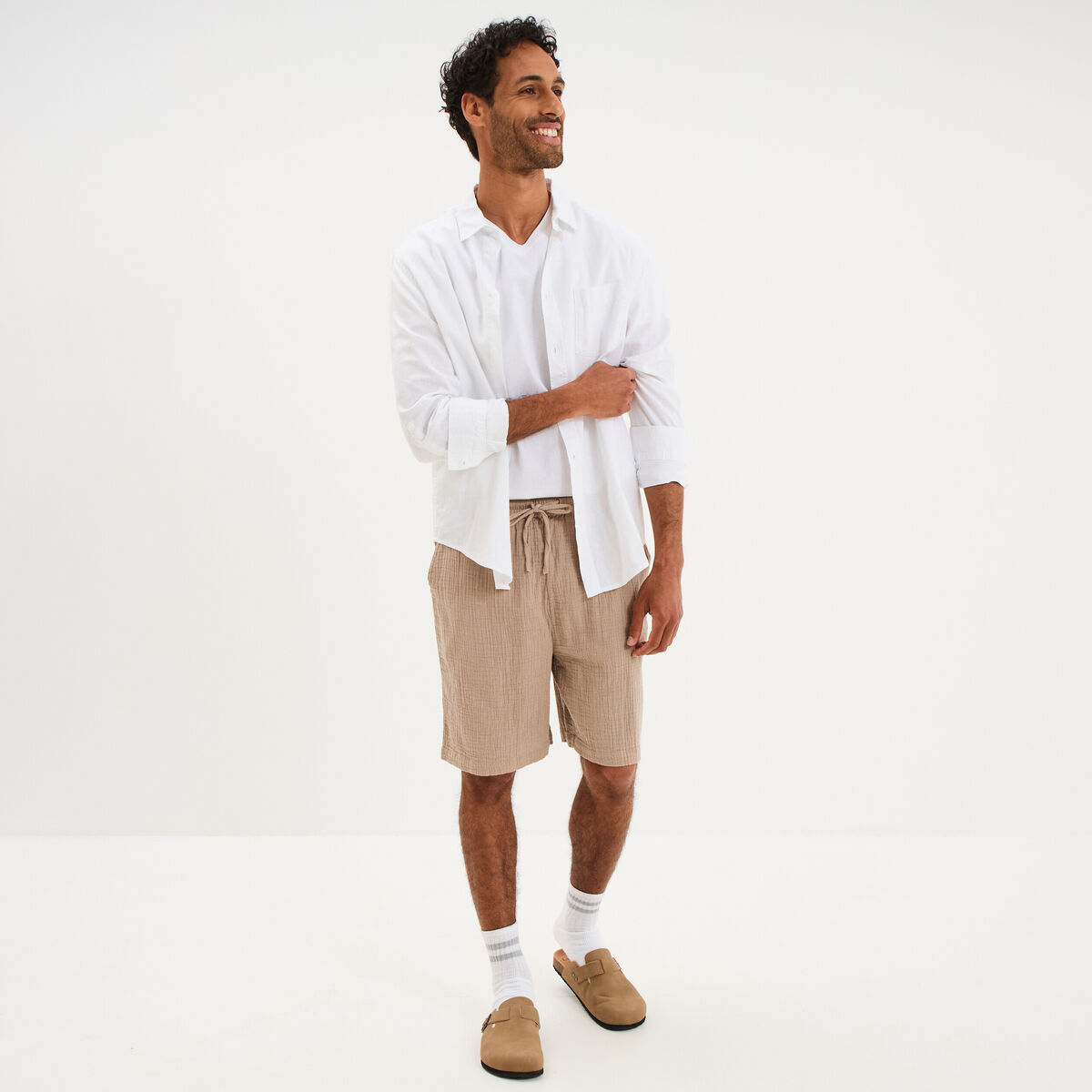 Short chino droit gaze de coton taupe homme