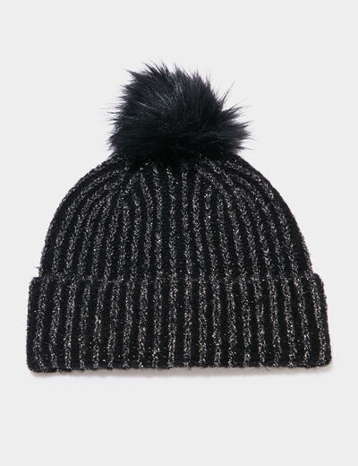 Bonnet &agrave; pompon noir femme