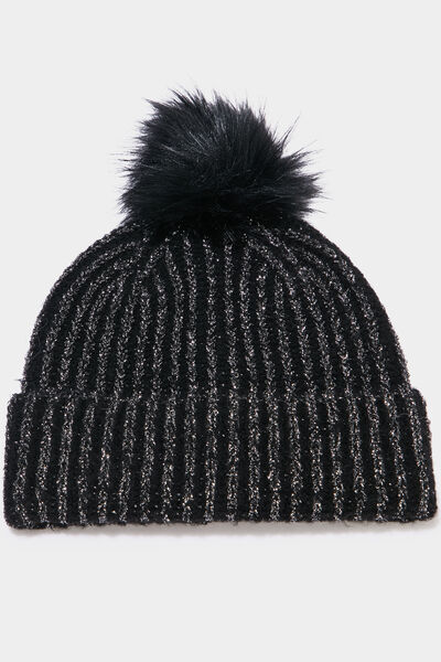 Bonnet &agrave; pompon noir femme