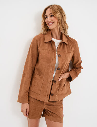 Surchemise boutonnée effet suédine marron clair femme