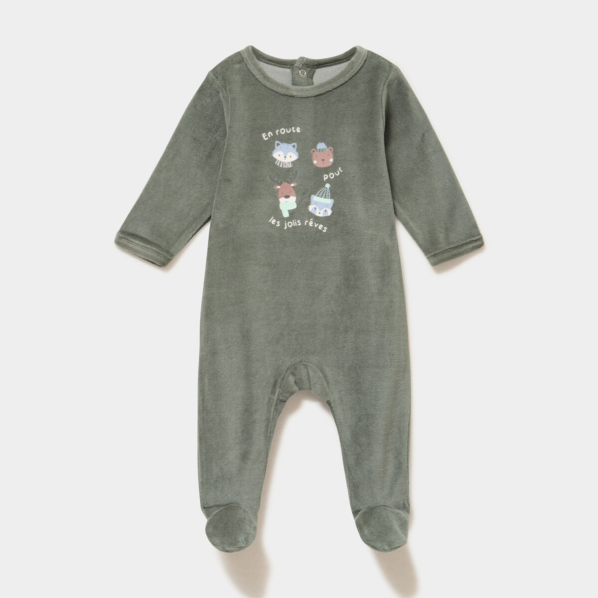 Dors-bien velours avec manches longues vert kaki b&eacute;b&eacute;