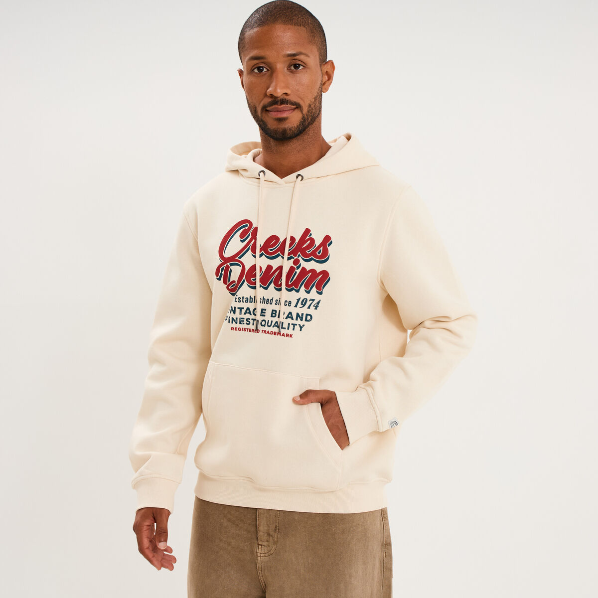 Sweat hoodie 1 poche ecru homme