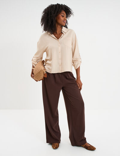 Chemise manches retroussables beige femme