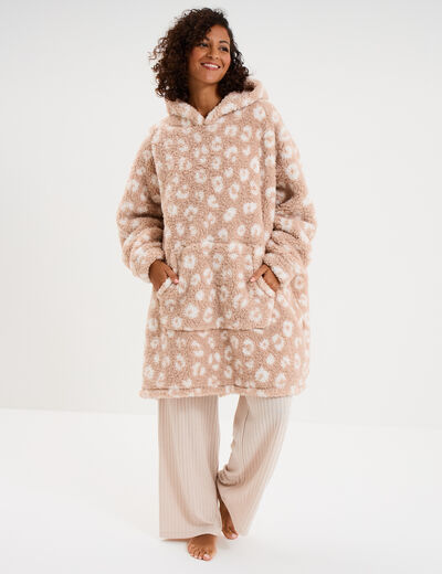 Poncho plaid effet polaire &agrave; capuche rose poudr&eacute;e femme