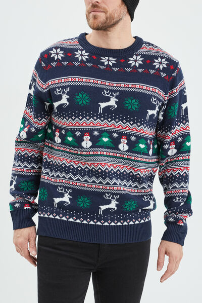 Pull de Noël col rond manches longues multicolore homme