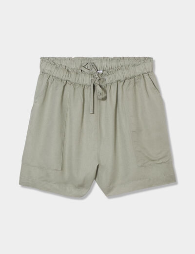 Short fluide taille à coulisse vert kaki femme