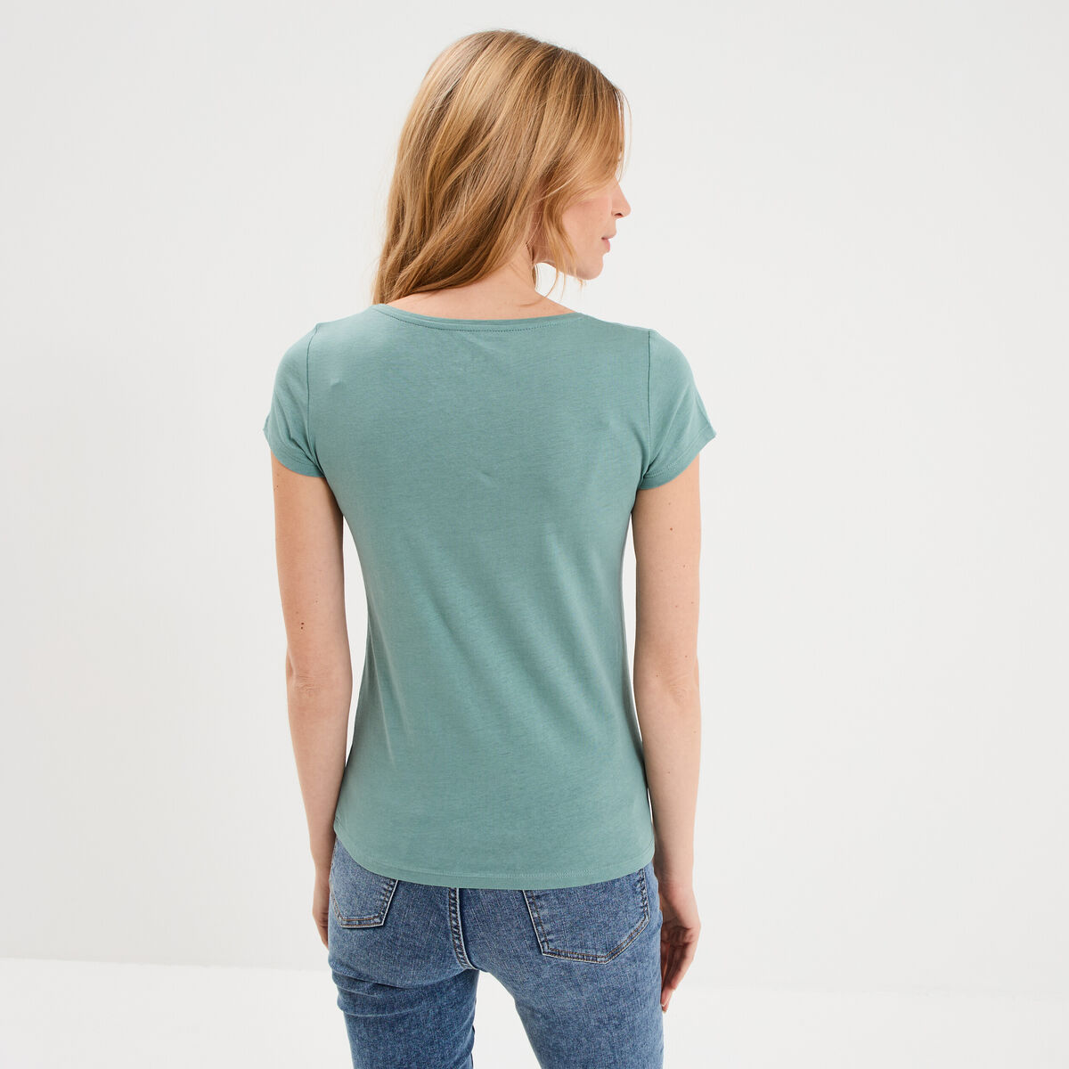T-shirt coton col rond manches courtes bleu gris femme