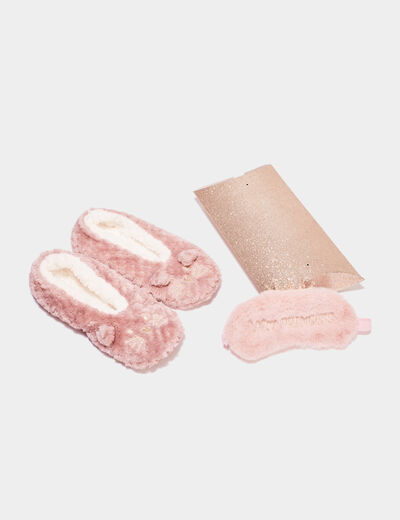 Ensemble chaussons masque avec boîte rose femme