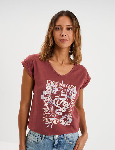 T-shirt coton col en V manches courtes bordeaux femme