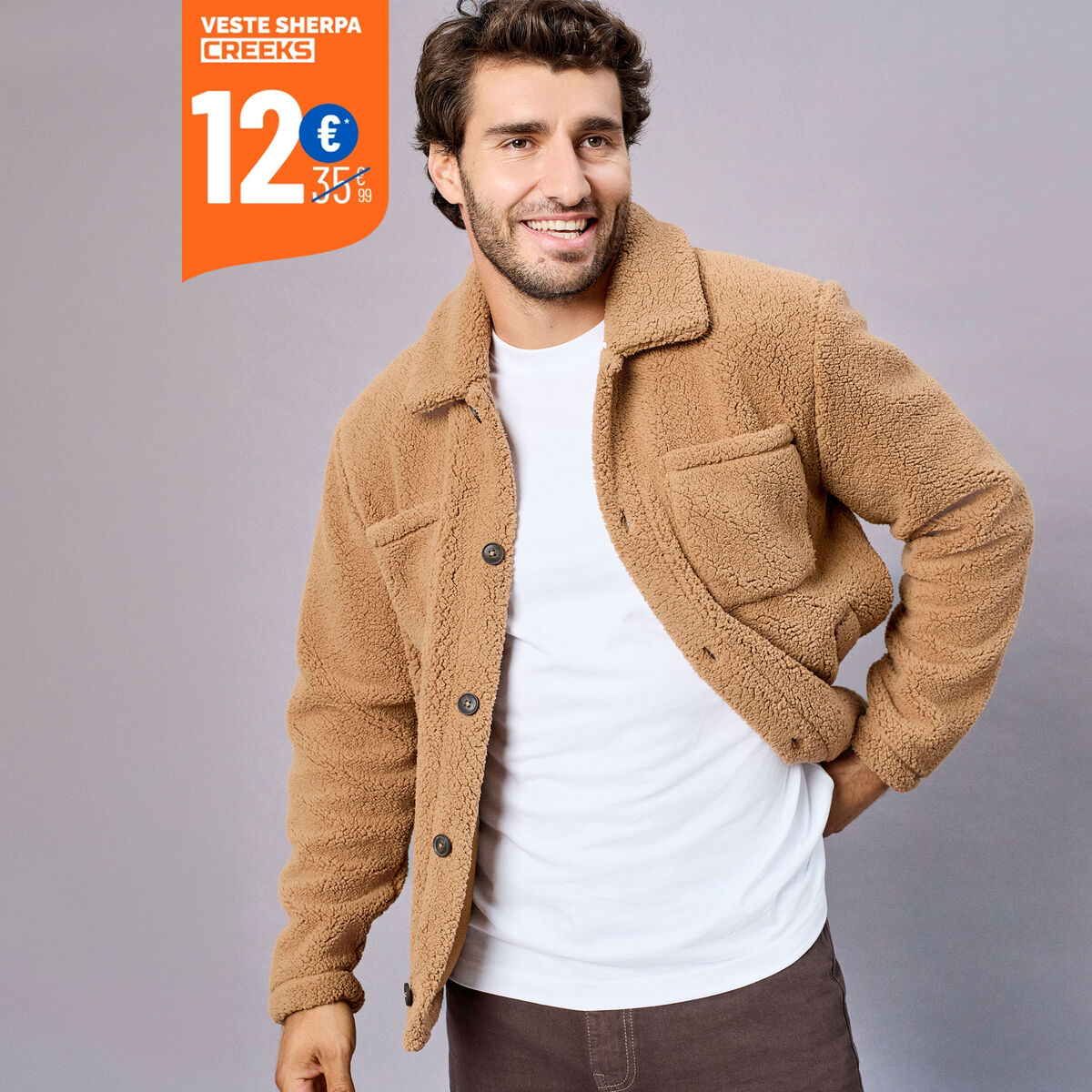 Veste sherpa polaire boutonn&eacute;e marron homme