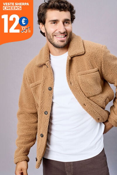Veste sherpa polaire boutonn&eacute;e marron homme
