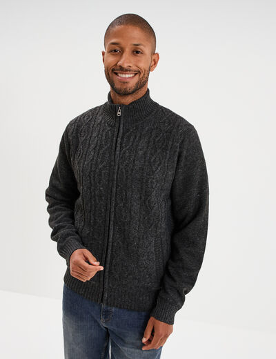 Gilet &agrave; torsades et col montant gris fonc&eacute; homme
