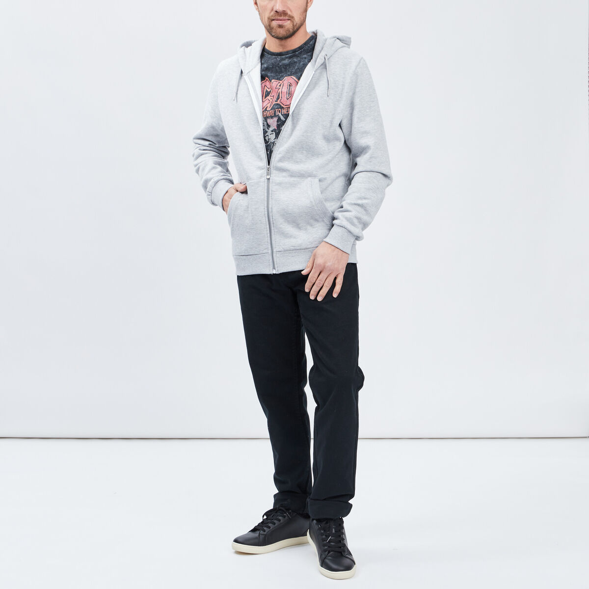 Sweat zipp&eacute; molleton &agrave; capuche gris homme