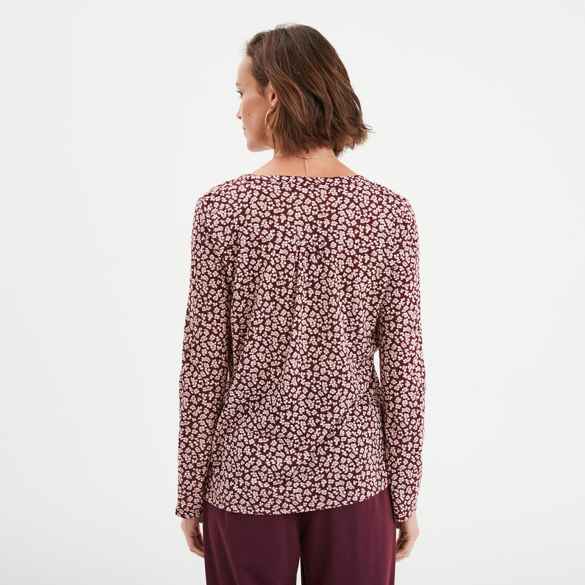 T-shirt manches longues à revers bordeaux femme