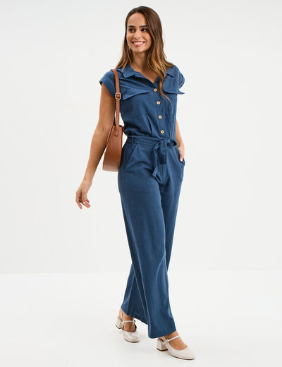 Combinaison pantalon ceinturée lin bleu foncé femme