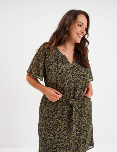 Robe col tunisien manches courtes vert kaki femme grande taille