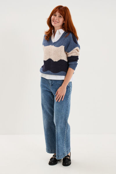 Pull col V ajour&eacute; manches longues bleu ciel femme