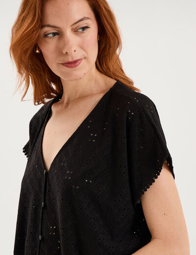T-shirt dentelle avec boutons noir femme