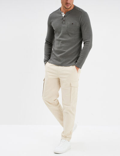 T-shirt col tunisien 1 poche Trappeur gris homme