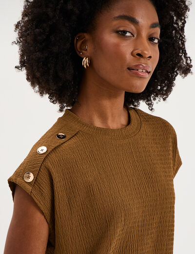 T-shirt gaufr&eacute; col rond avec boutons beige femme