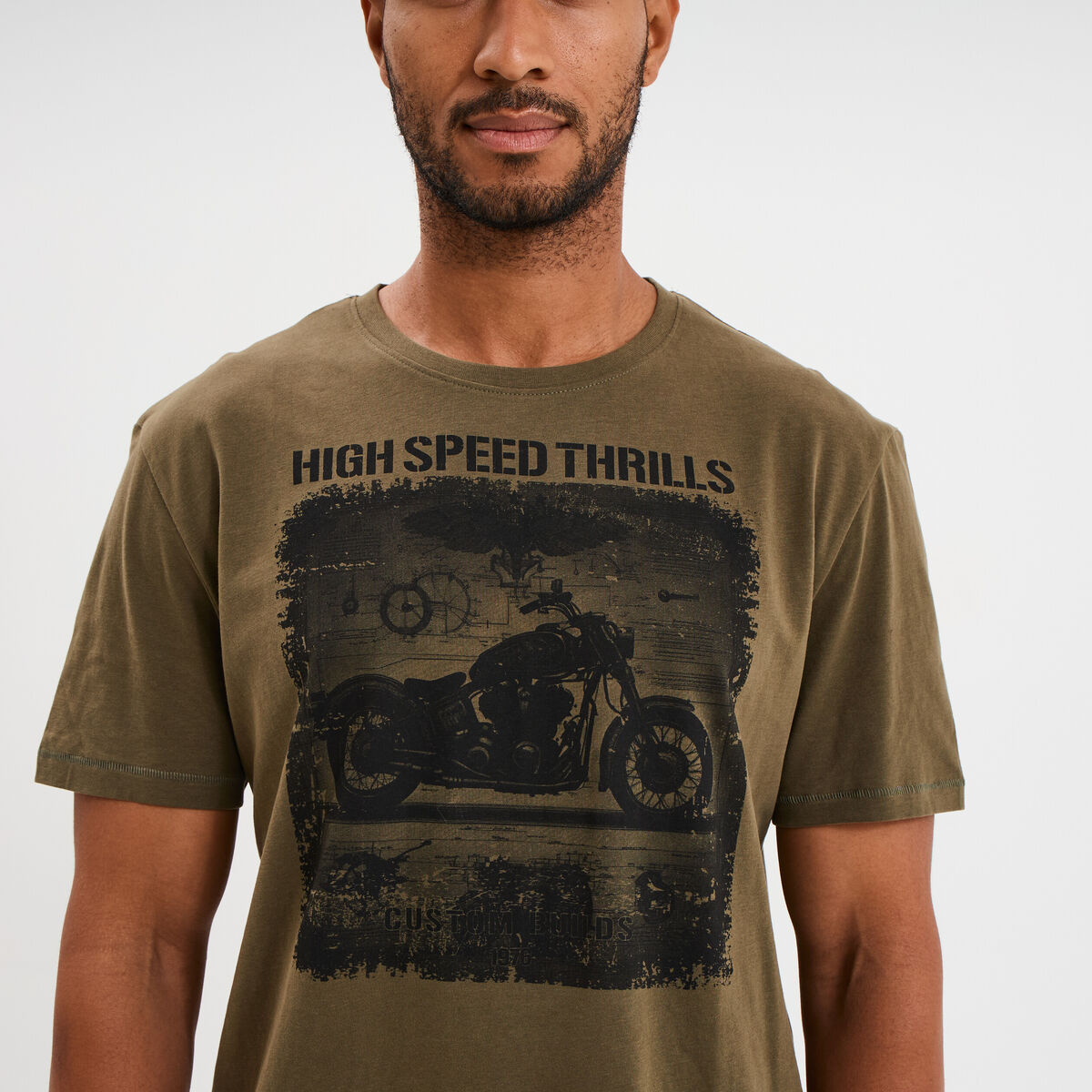 T-shirt &agrave; manches courtes col rond coton vert kaki homme