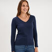 T-shirt col en V manches longues coton bleu marine femme