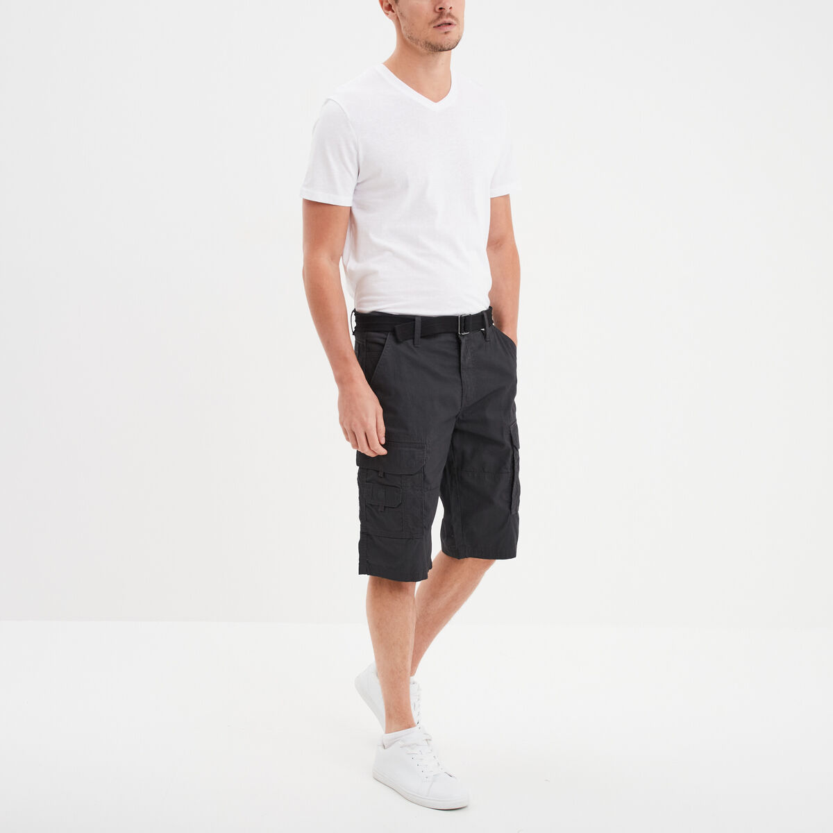 Bermuda cargo c&ocirc;tel&eacute; coton ceintur&eacute; gris fonc&eacute; homme