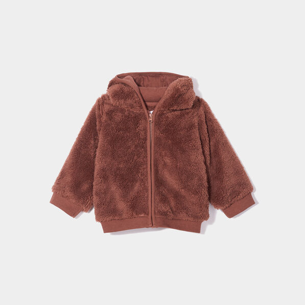 Gilet fausse fourrure zippé à capuche marron foncé bébé garçon