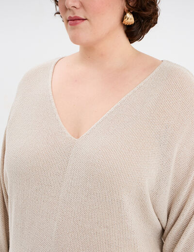 Pull manches 3/4 col en V gris clair femme grande taille