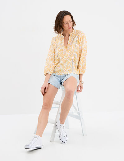 T-shirt ajouré manches 3/4 col en V ecru femme
