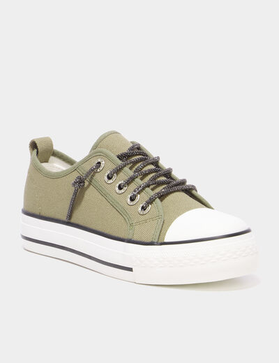 Tennis en toile &agrave; plateforme vert kaki femme
