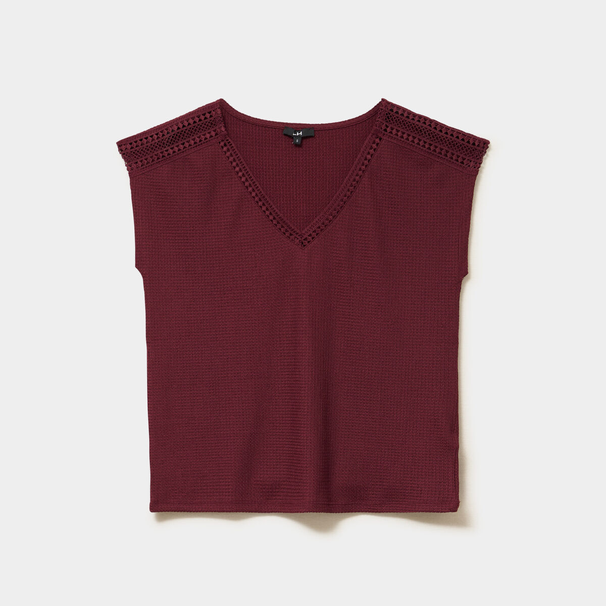 T-shirt col en V manches courtes bordeaux femme