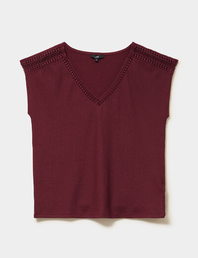 T-shirt col en V manches courtes bordeaux femme