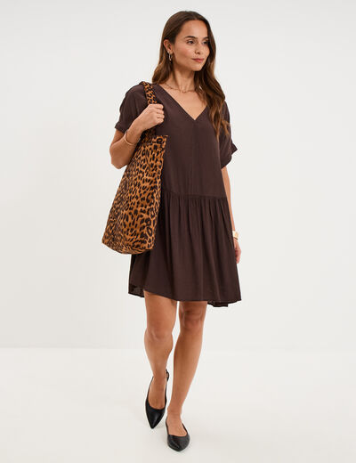 Robe courte fluide manches courtes marron fonc&eacute; femme
